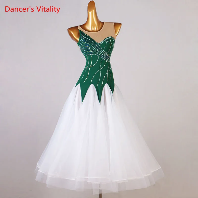 

Modern Dance Dress Mesh Diamond-Studded Long Skirt Performance Clothing Profession Custom Adult Child Waltz Competition Clothes