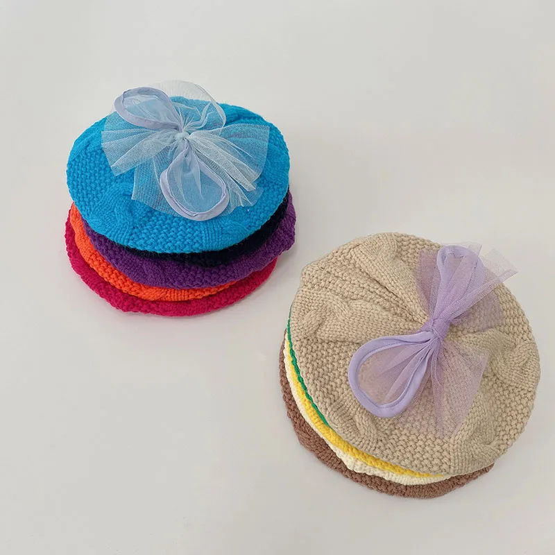 

10 Colors New Design Berets Hats For Children Kids Woolen Made Lace Bow-knot Cute Handmade Thick Twist Boys Girls