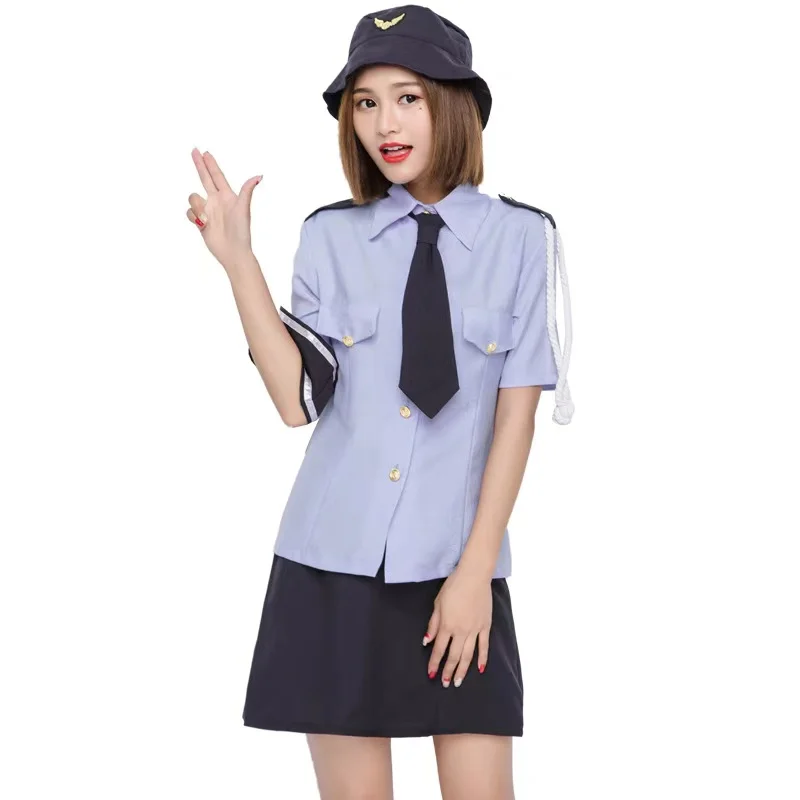 

Blue Women Halloween Policewoman Costume Female Japanese Police Uniform Cosplay Purim Parade Nightclub Bar Role Play Party Dress