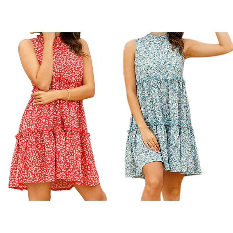 

Women Casual Floral Printed Pleated Dress Short Sleeve Loose Mini Dress Lady Fashion Dresses