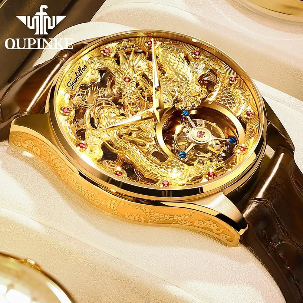 

OUPINKE Real Tourbillon Watches Mens Mechanical Dragon Watches Skeleton Sapphire Leather Men Watches Luxury Business Clock