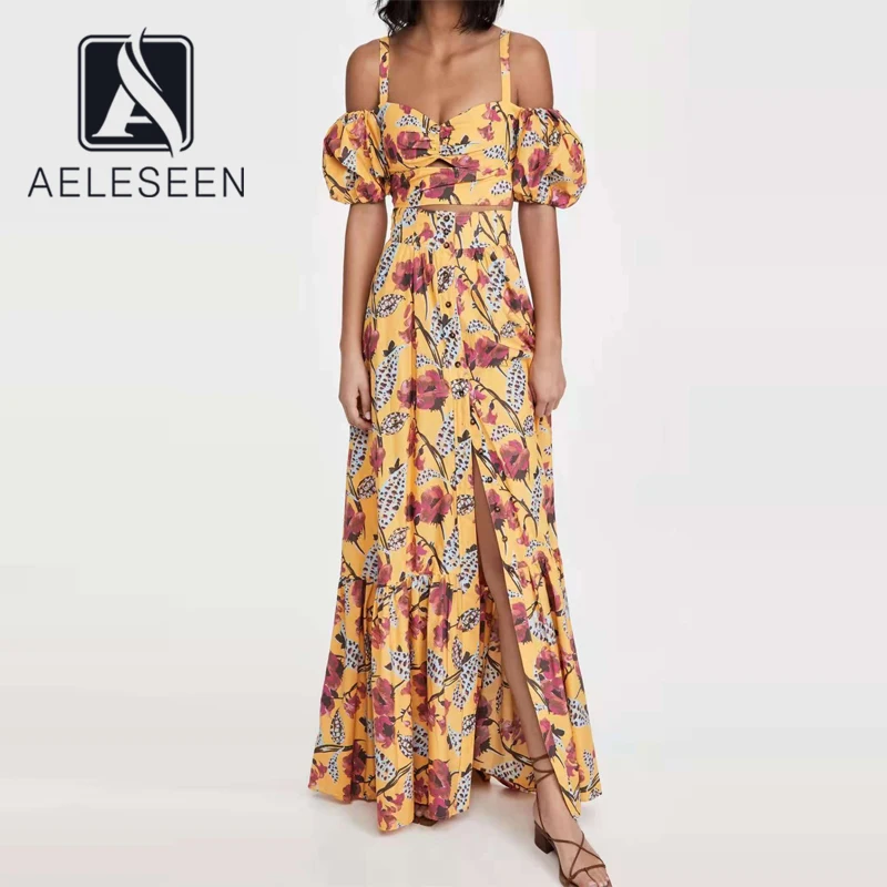 

AELESEEN Runway Fashion 2 Pieces Set 2021 Summer Off The Shoulder Short Top+Long Ruffles Skirt Flower Print Party Holiday Sets