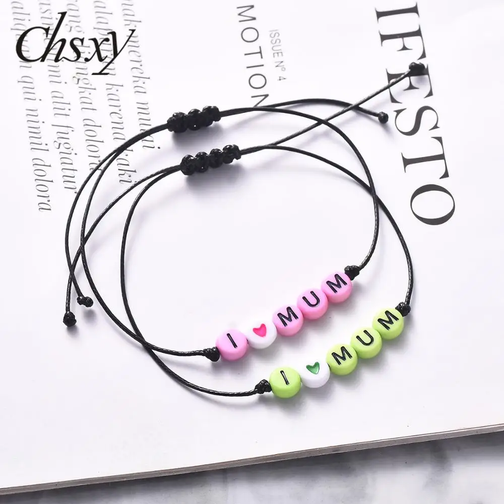 

CHSXY Fashion Sweet I Love Mum Adjustable Rope Bracelet Lovely Mini Acrylic Beads Strand Bracelets for Women Mother Family Gift