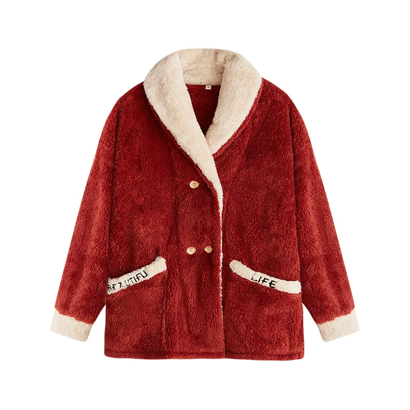 Winter Pajamas Set Women Sleepwear Warm Pajamas Pink Homewear Thick Button Up Turn Down Collar Pajama Set Schlafanzug