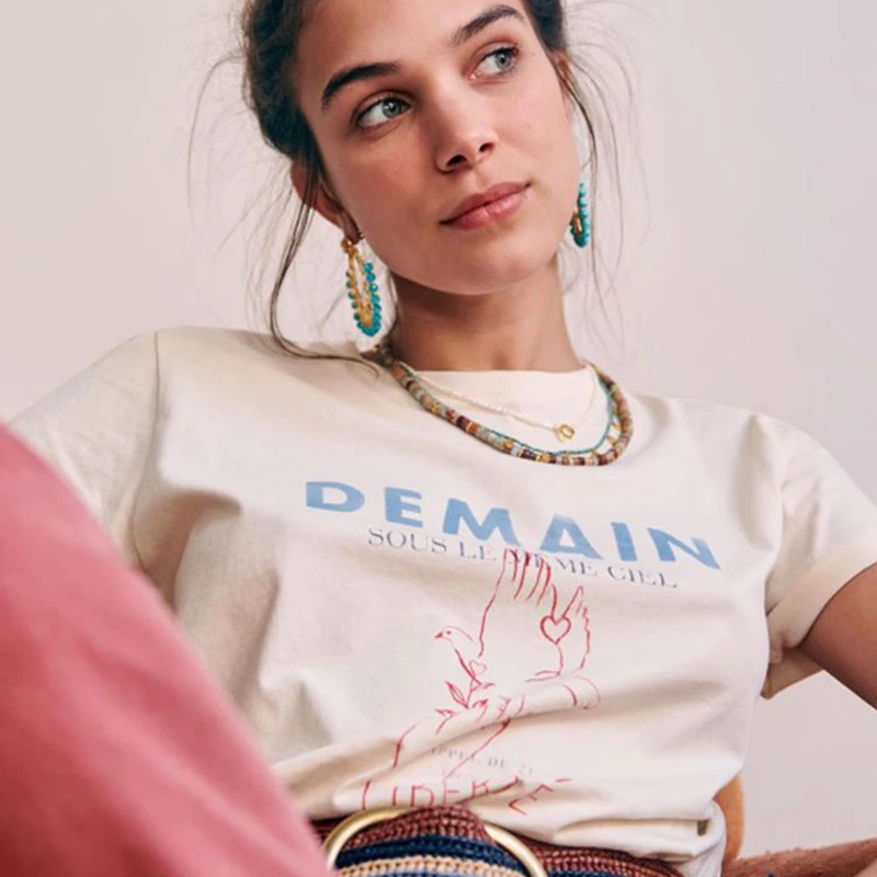 

DEMAIN Футболки с принтом и графикой, женские летние повседневные футболки с коротким рукавом и круглым вырезом, элегантная футболка в стиле р...