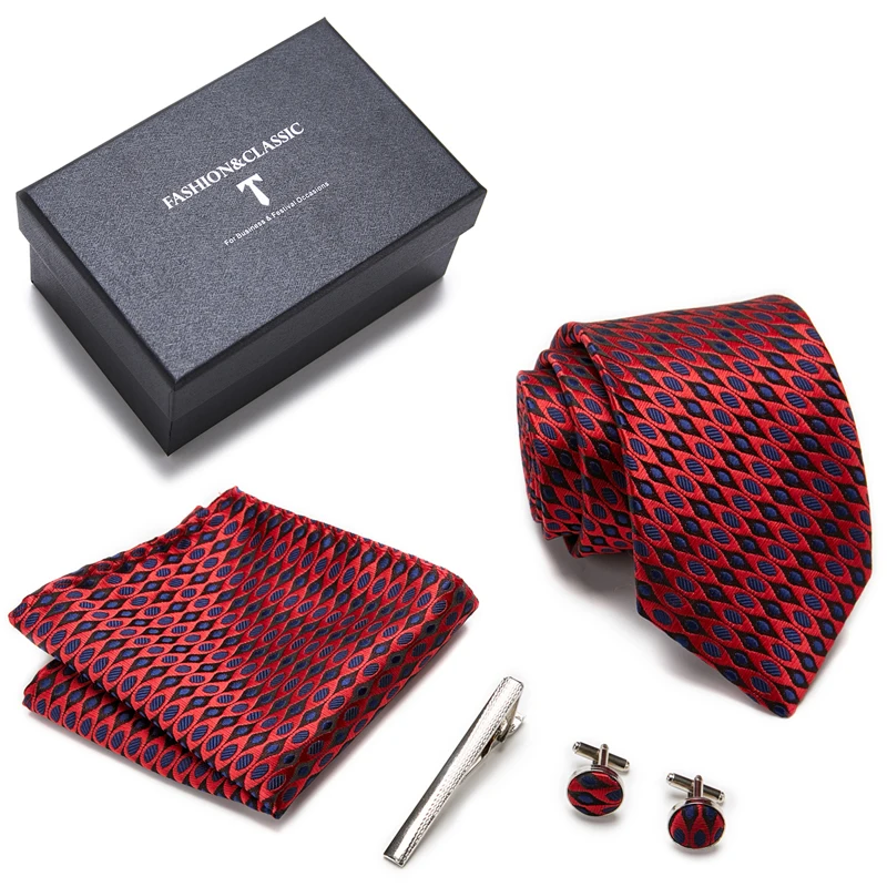 

Top grade Many Color 7.5 cm Luxury 100% Silk Tie Hanky Pocket Squares Cufflink Set Tie Clip Necktie Box Male Father's Day