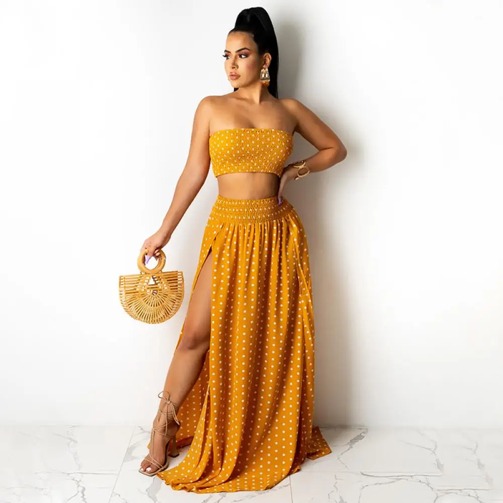 

Новинка лета 2021 года, популярный стиль в европейском и американском стиле, костюм в горошек с запахом и разрезом, пикантный облегающий костюм с юбкой