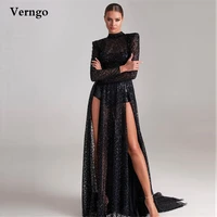 verngo modern glitter grid black evening dresses high neck side slit sexy women evening dress corset lace up back formal dress
