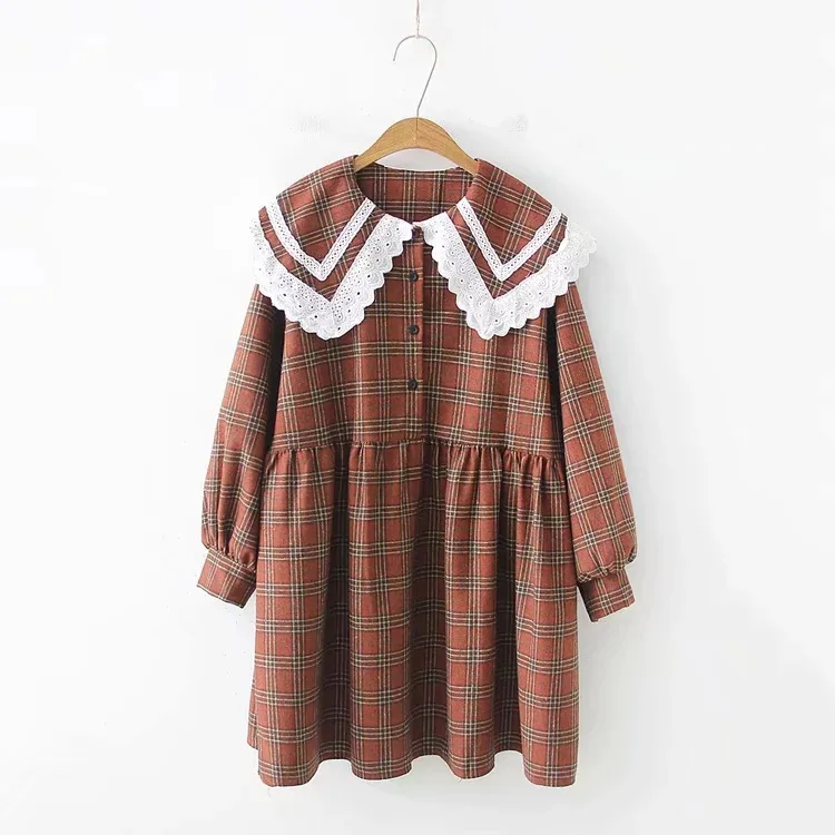 

Kawaii Female Vestidos Mid-length long-sleeved dress Sweet Dress Women Turn-down Collar Plaid Dresses