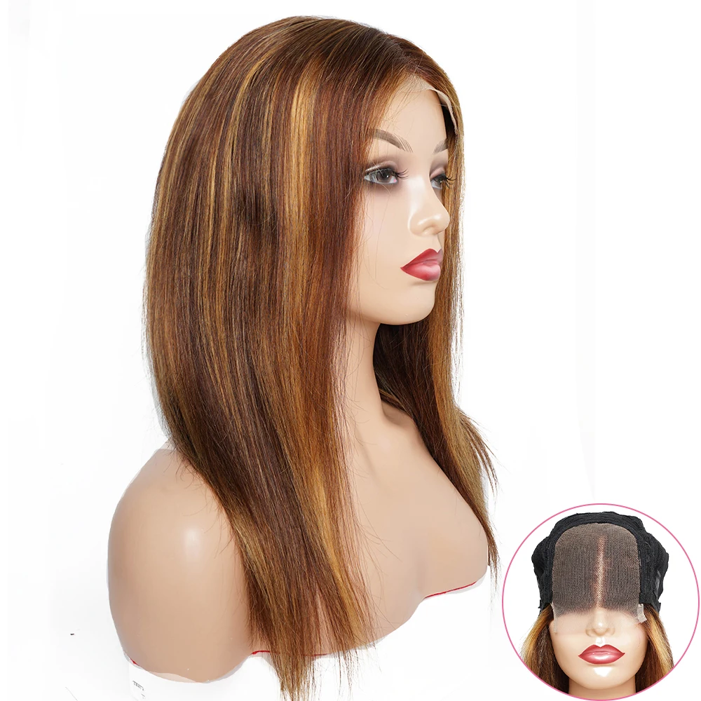 4*4 Lace Closure Wigs P4/27 Highlight Ombre Color Brazilian Human Hair Wig Brown Mixed Honey Blonde 4x4 Lace Wig for Women