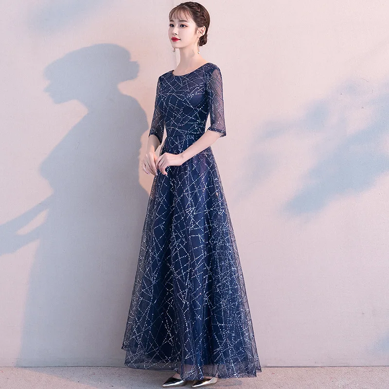 Женское вечернее платье Popodion длинное синее большого размера с блестками