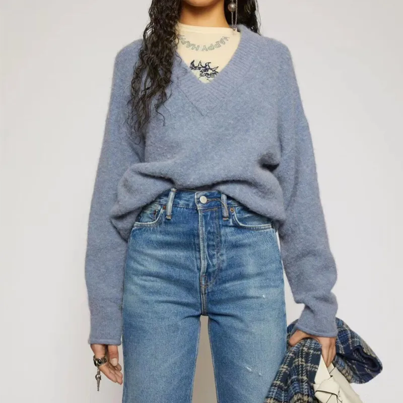 

Women V-neck Knitted Sweater Lady Long Sleeve Fashion Pullover Top Knitwear Clothes Early Autumn