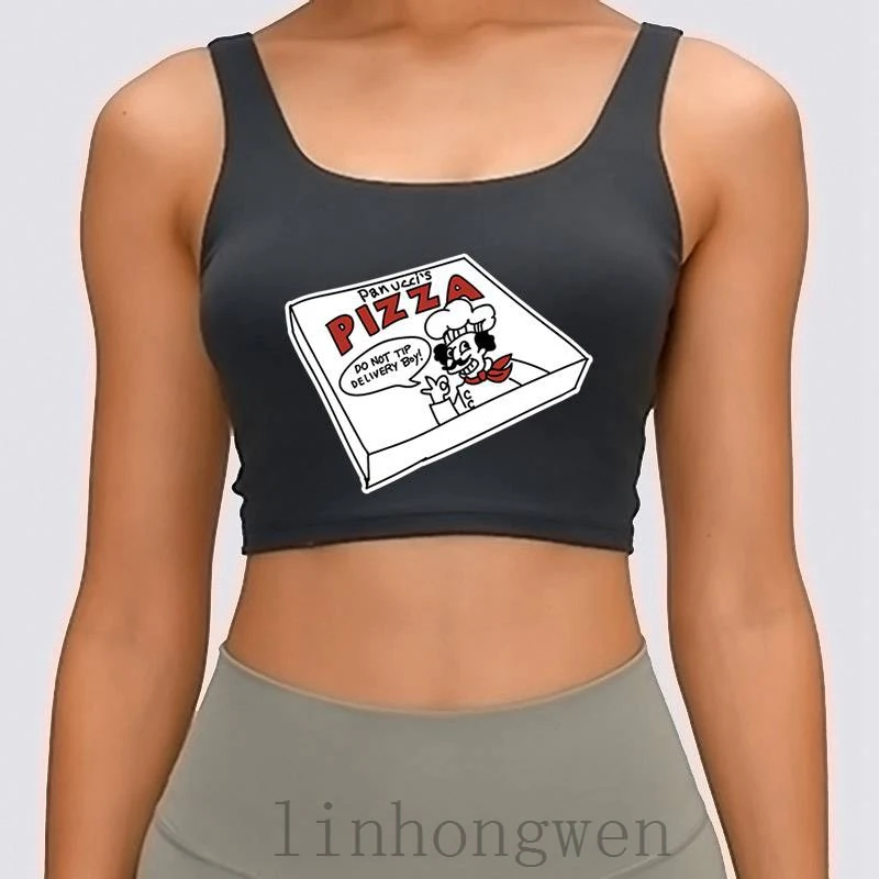 

Женский топ Panuccis с принтом пиццы, Модный летний хлопковый укороченный топ с круглым вырезом и надписью