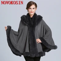 5 color winter cape thick grey black 2022 poncho women faux fur neck knitted cloak plus size big pendulum dovetail cardigan coat