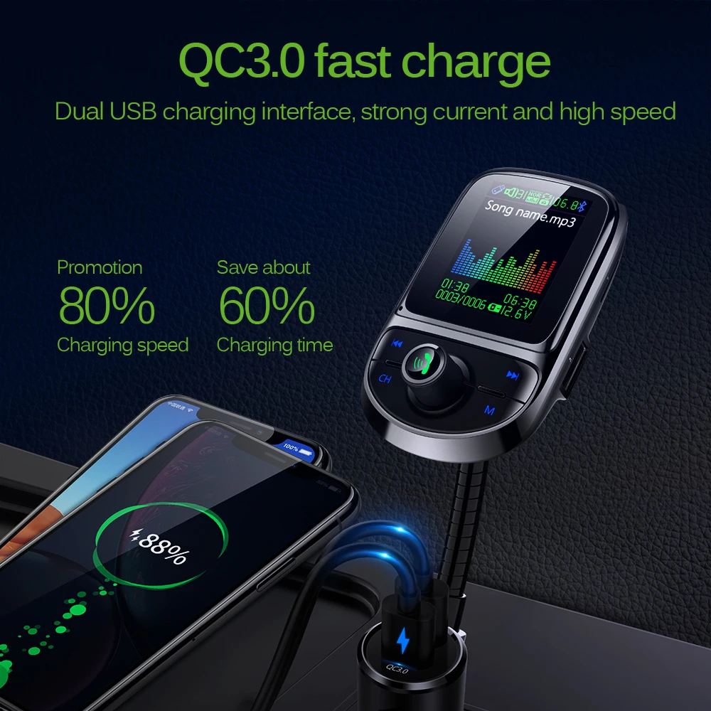 Onever автомобильный fm-передатчик Pantalla a цветной Bluetooth 5,0 беспроводной модулятор Mp3 плеер QC 3,0 двойной USB зарядное устройство Голосовая передача