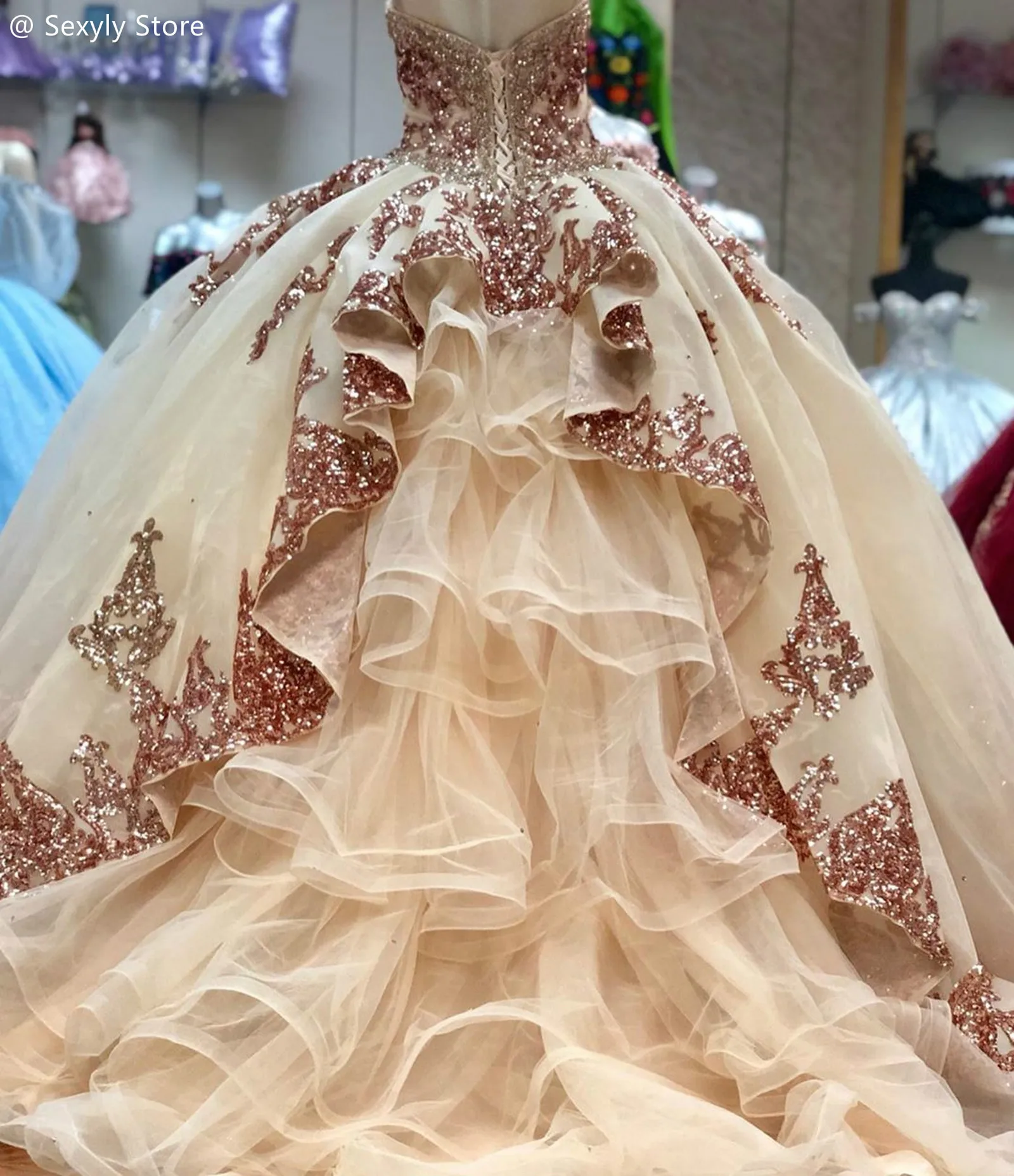 Фото Платье Quinceanera розового золота, роскошное маскарадное платье с блестками для выпускного вечера, дня рождения, с оборками Folklorico Vestidos De 15 Años по индивидуальному заказу №3