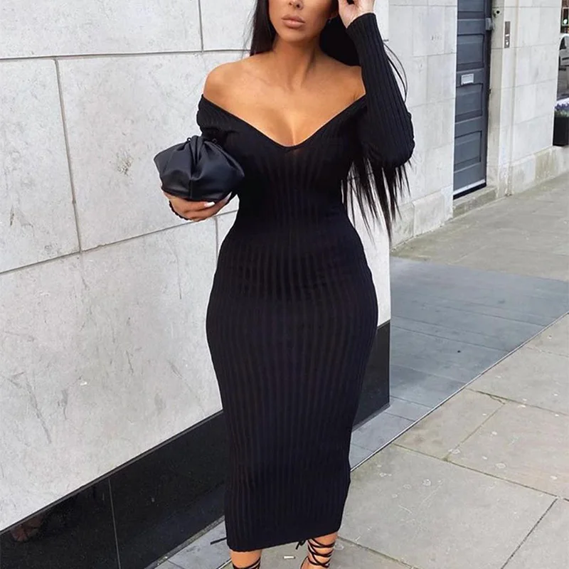 

Women Knitted Dress V Neck Long Sleeve Slim Off Shoulder Hip Package Bodycon Dresses Sexy Elegant Female Mixi Party Dress
