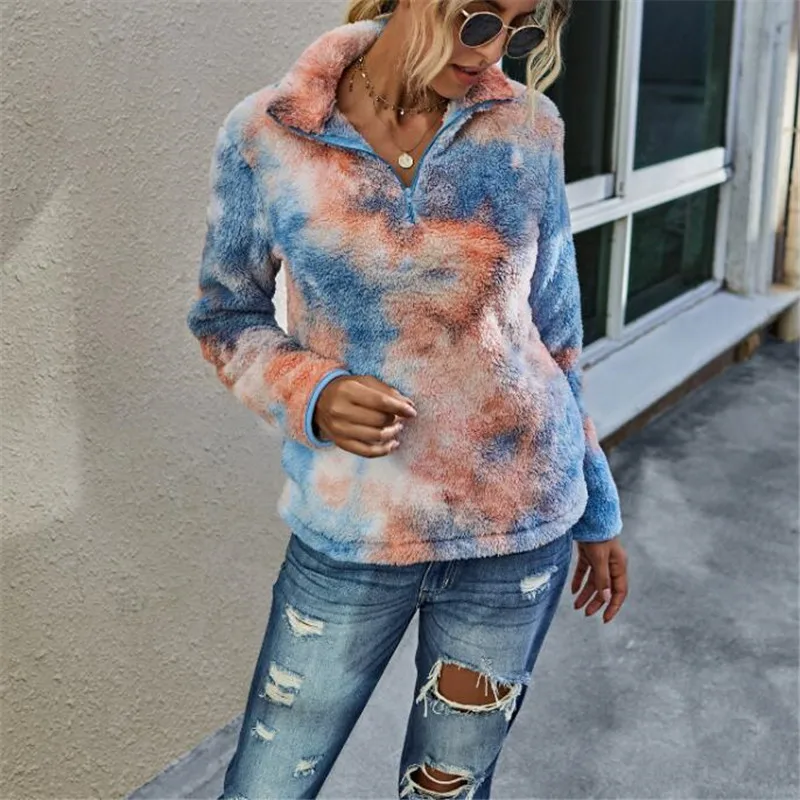 

New Warm Women Plush Sweatshirt Tie Dyeing Fall Winter Warm Long Sleeve Pullover Tops Sweatshirt Zipper V-neck Jumper Sweatshirt