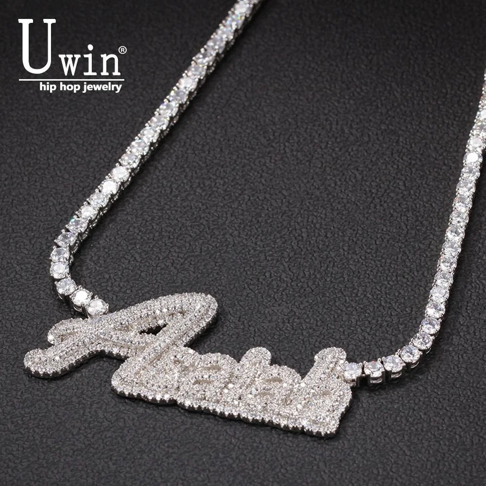 Uwin-Collar personalizado con nombre, letra cursiva con cadena de tenis, Circonia cúbica, Color dorado y plateado, joyería de hip hop