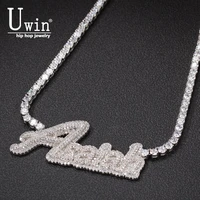 uwin custom name necklace cursive letter with tennis chain cubic zirconia gold silver color necklace fashion hiphop jewelry