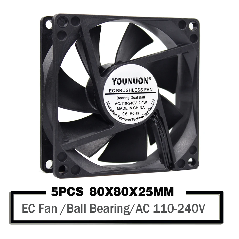 Ventilador de Refrigeração Younuon Ventilador 8025 Bola 80x80x25mm Brushless fã ac 110v 120v 220v 240v Refrigerador Axial 5pcs 80mm ce
