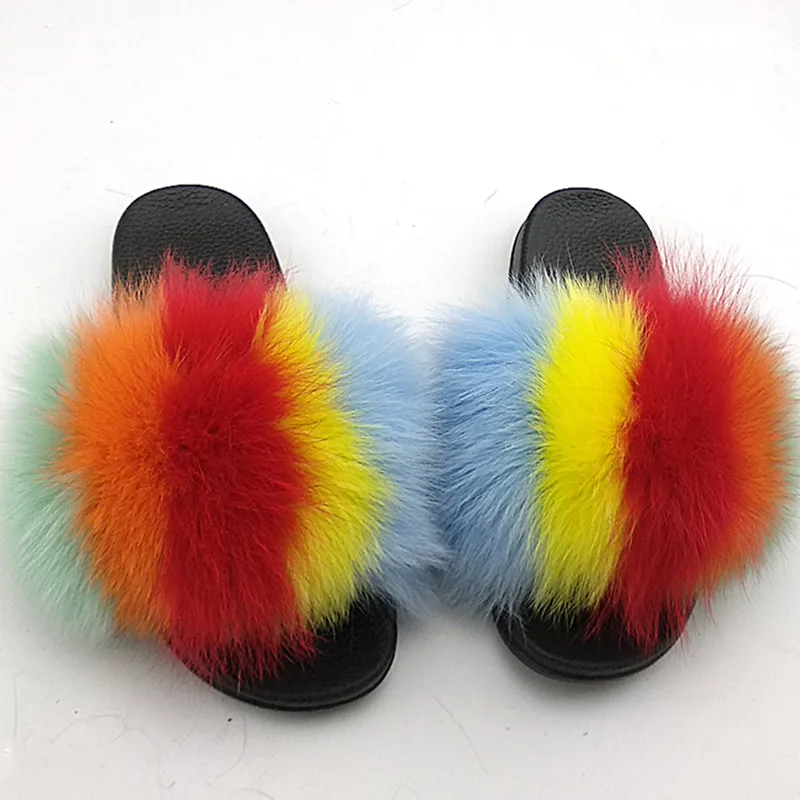 Шлепанцы женские из натурального Лисьего меха летние сандалии с пушистым мехом