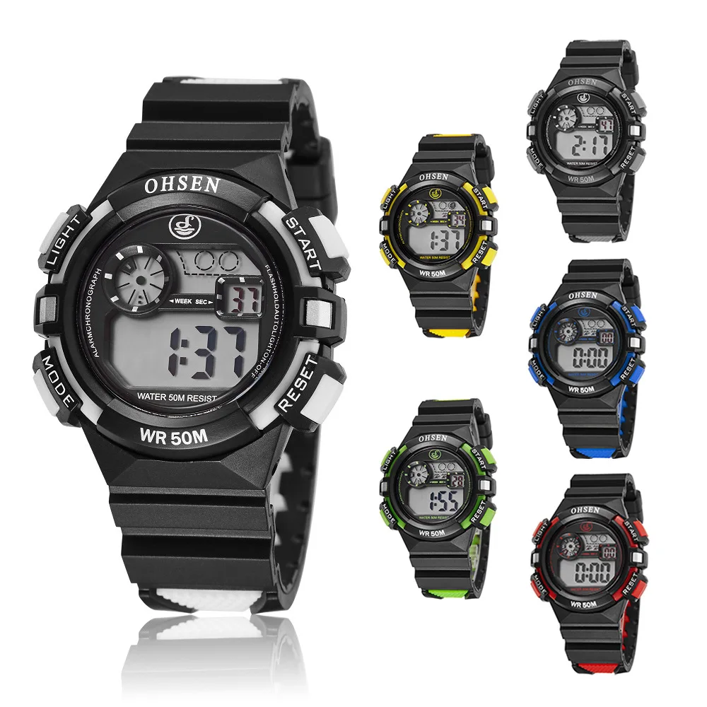 

Оригинальный OHSEN бренд Модные и повседневные цифровые детские спортивные наручные часы для мальчиков силиконовые ЖК-часы 50 м водонепроница...
