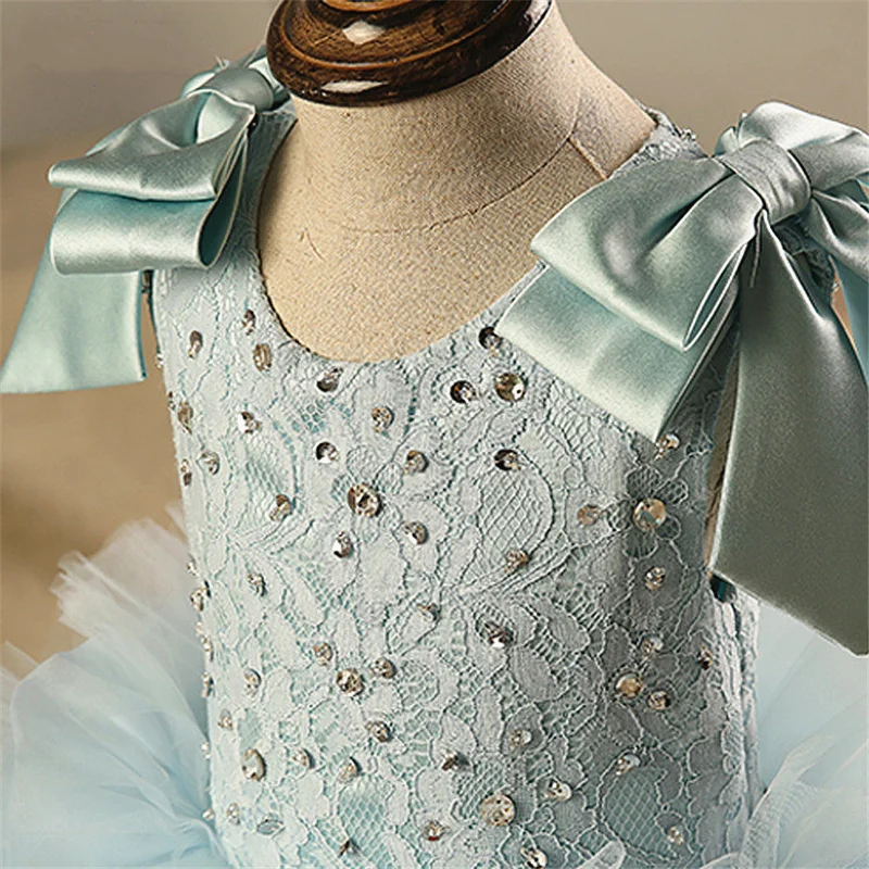 

Light Green Flower Girl Dress Ball Gown Bows Shoulder Sleeveless Crystal Top Ruffel Tiered Sweep Train Luxury Birthday vestidos