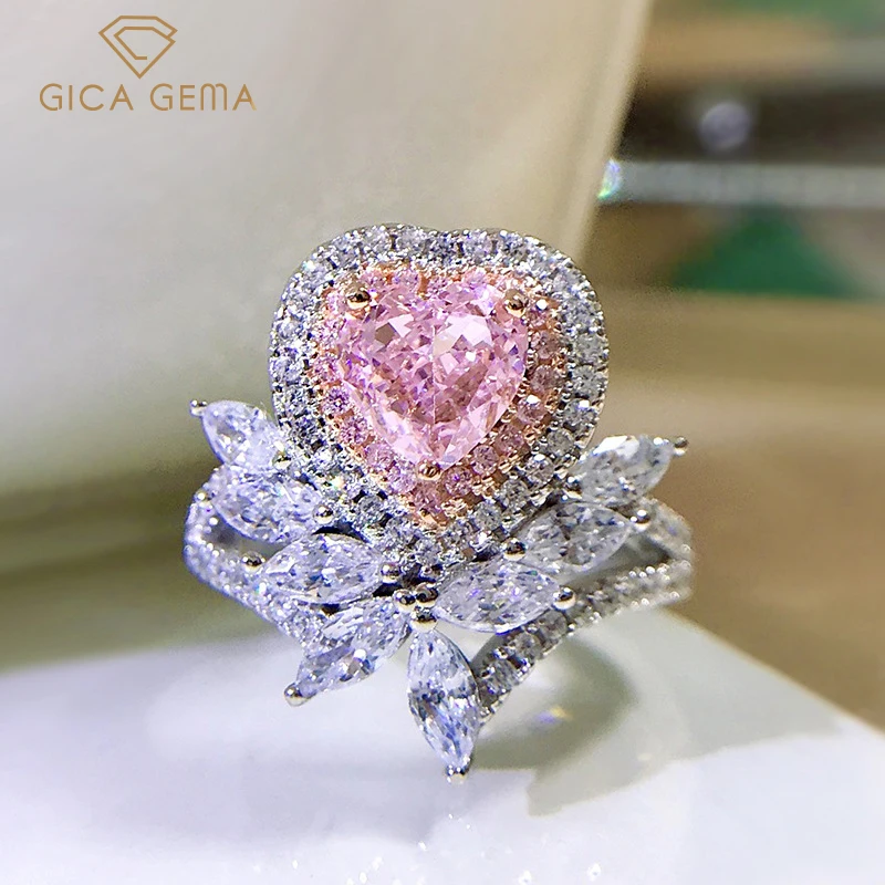 

GICA 100% 925 Sterling Silver 1 Carat Heart Pink High Carbon Diamond Flower Rings For Women Sparkling Wedding Fine Jewelry Gift