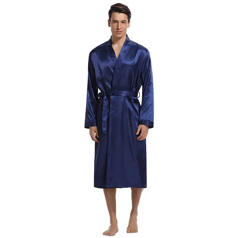 Male Robe Sleepwear Faux Silk Nightwear Casual Kimono Bathrobe Gown Solid Nightgown Homewear Men Loungewear Home Clothes