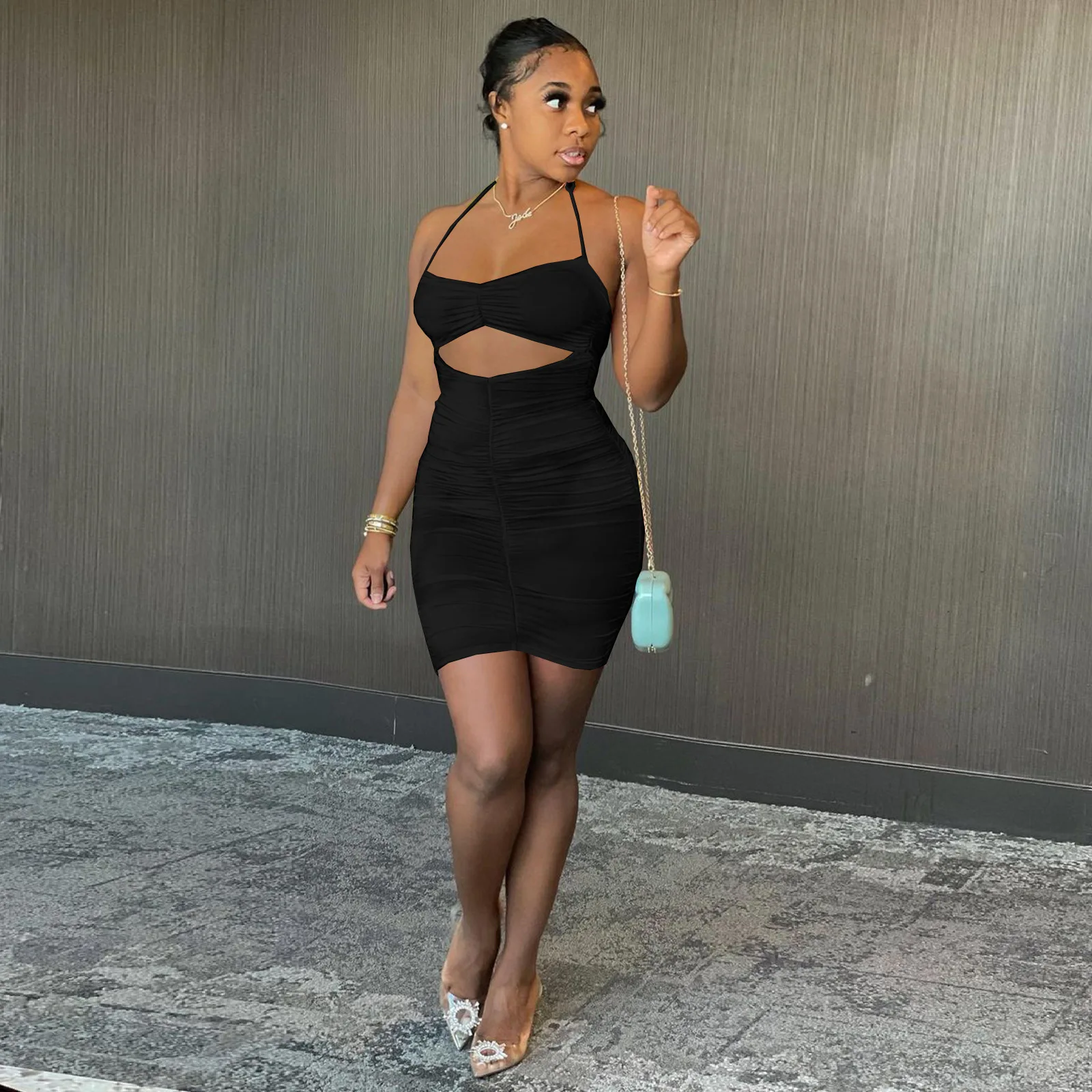 

Mini Dress Ladies Summer Tight Sexy Suspenders Halter Neck Folds Halter Hollow Nightclub Party Club Street Clothing