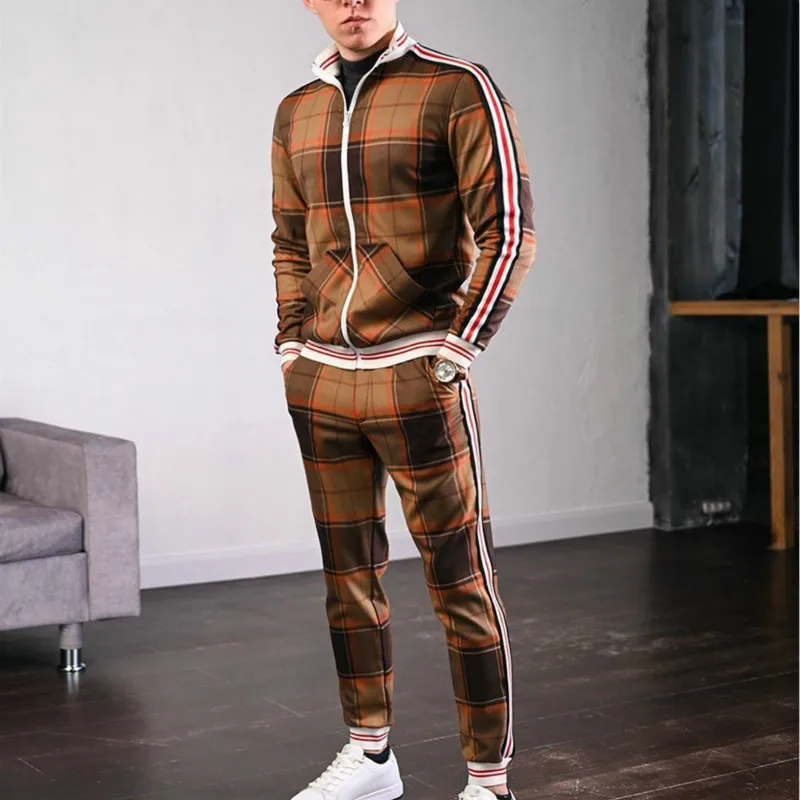 

Men's Autumn Winter Long-sleeve Set Men Fashion Plaid Tracksuit Casual Sports Clothing Running Sportswear Striped Suit
