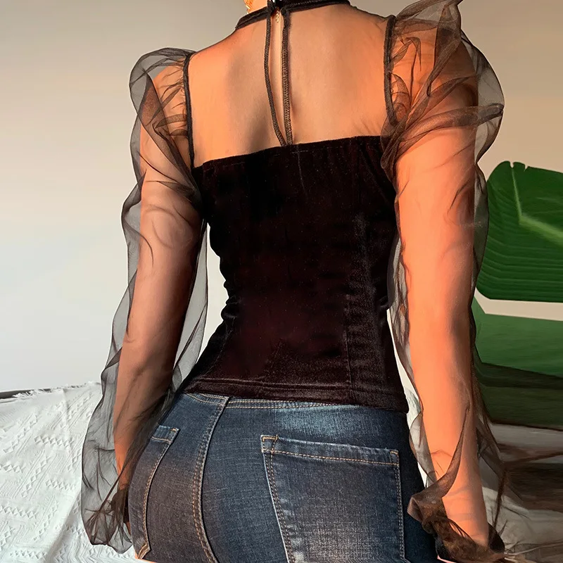 Весенняя Сексуальная бархатная сетчатая Прозрачная черная футболка с V образным