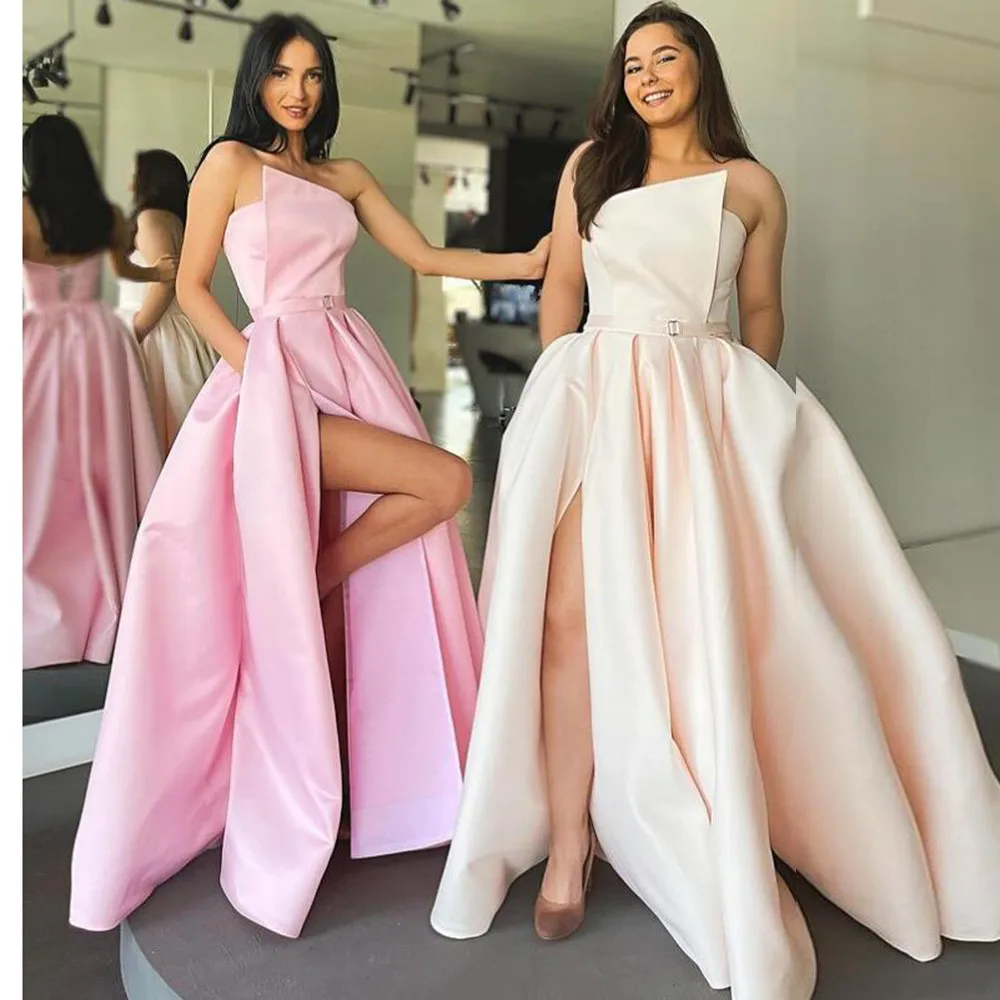 

Eeqasn Simple Pink Satin Long Prom Gowns Side Slit Scalloped Pleats Evening Dresses New Belt Bridesmaid Dress For Wedding Party