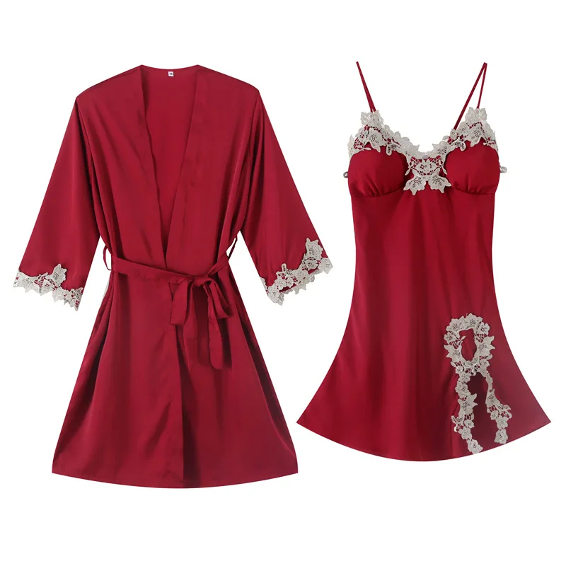 

2021 Spring and Summer New Nightgown Sexy Silk Camisole Nightdress Two-Piece Satin Pajamas with Chest Pad Homewear