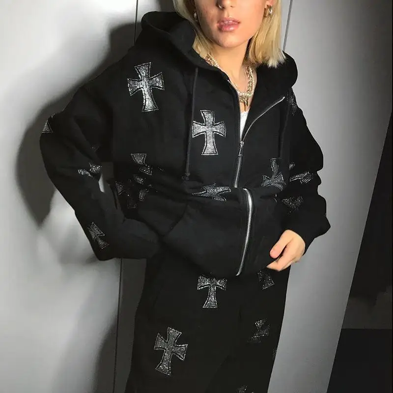 Hip Hop Hoodie Sweatshirt Korean Fashion Punk Grunge Sport Coat Rhinestone Gothic Long Sleeve Women Zip Hoodie Y2k Jacket