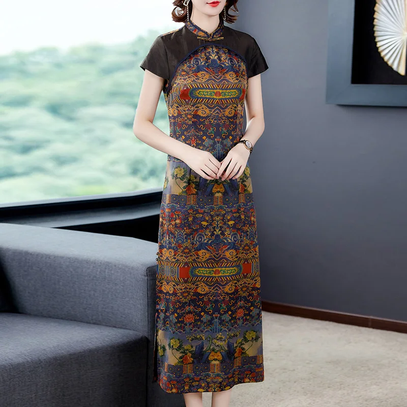 

Китайское традиционное винтажное облегающее платье-Ципао, лето 2020, улучшенное Элегантное Длинное платье с коротким рукавом приблизительно...