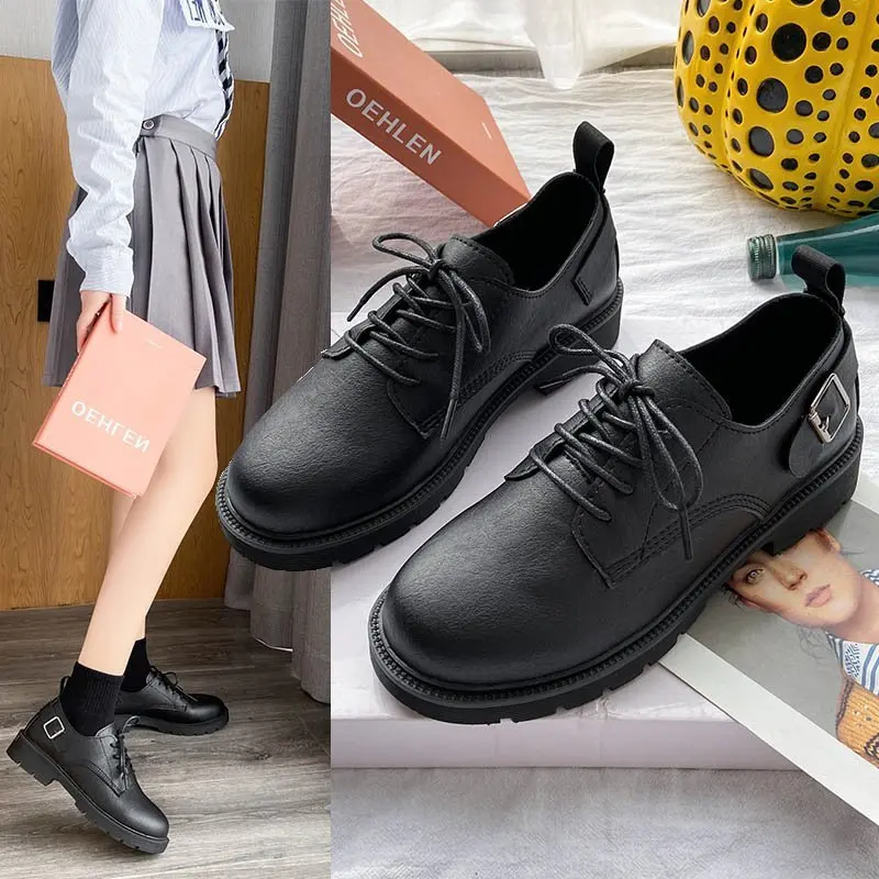 2021 spring new British style retro small leather shoes women's shoes mid-heel college style thick heel single shoes women 2019 spring single shoes new simple british style leather single shoes women fashion leather simple shoesd17