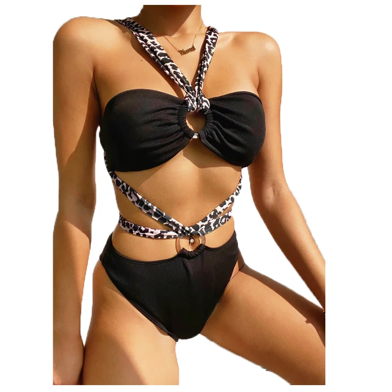 

2021 Summer Women's Swimsuit Crossover Design Leopard Print Cut Flower Swimsuit Drawstring Open Swimsuit Sexy Bikini