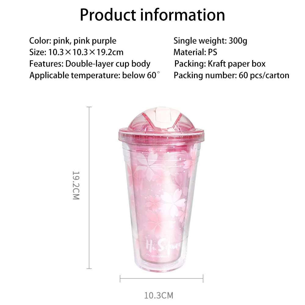 

480ML Cherry Blossom BPA-free Plastic Juice Milk Water Cup With Lid And Straw Water Bottle Double Straw Gift Cup Dropshipping
