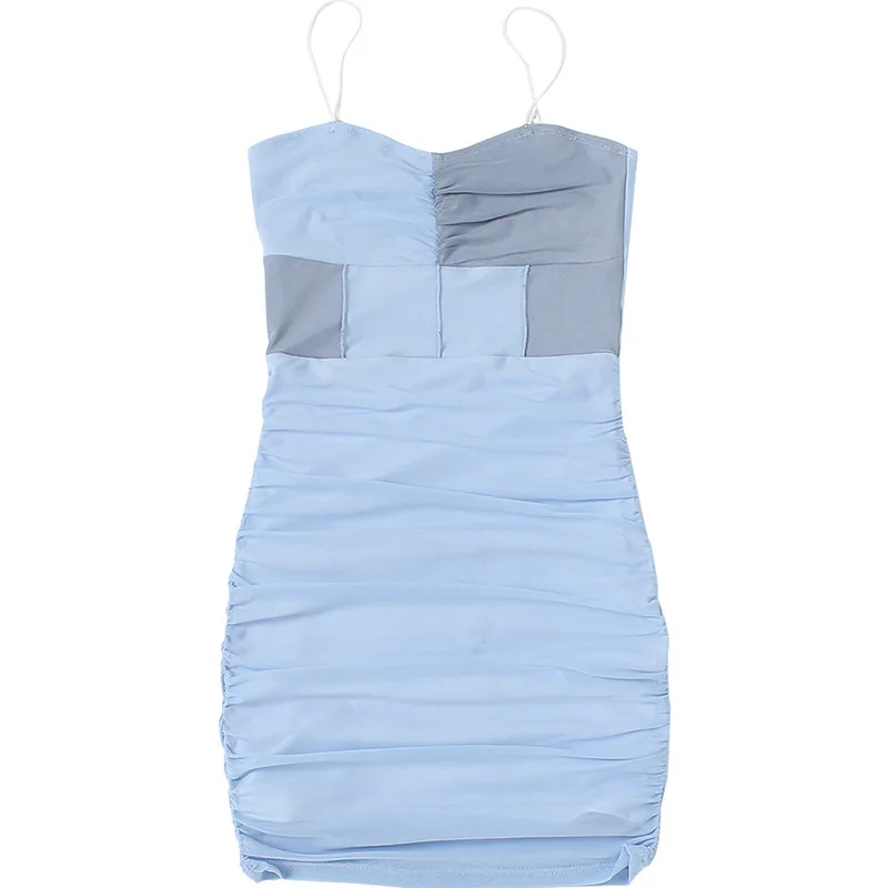 

fashion sexy strap mini dress women summer patchwork casual vacation skinny sleeveless backless ruched dress ladies 2020