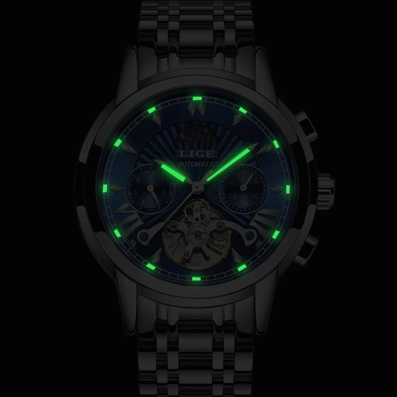 LIGE Роскошные автоматические механические мужские часы Классические деловые