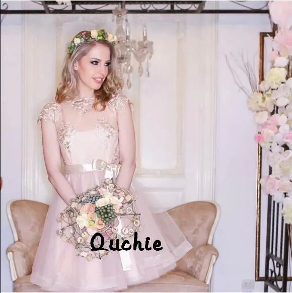 

Платье для встречи выпускников цвета шампанского, тюлевые кружевные вечерние платья с рукавом-крылышком и рюшами, мини-платье для выпускно...