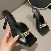 big size 42 womens shoes stiletto heel metal chain square toe sandals and slippers for women black apricot zapatillas mujer