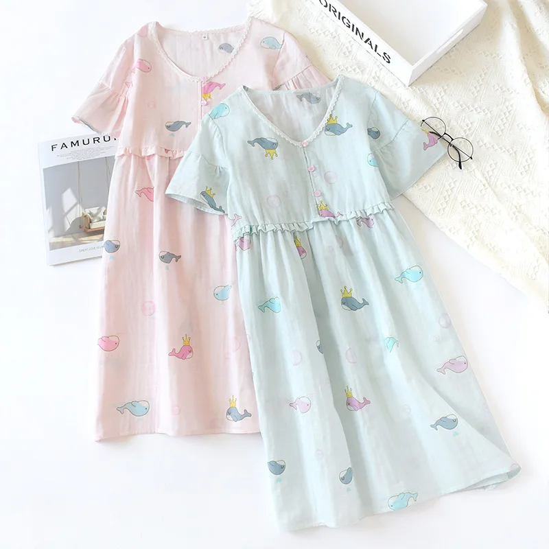 

Summer Women Pajamas Cotton Double Gauze Night Dress Cute Whale Sleepwear Thin Short Sleeve V-neck Lovely Girl Home Sleep Skirt