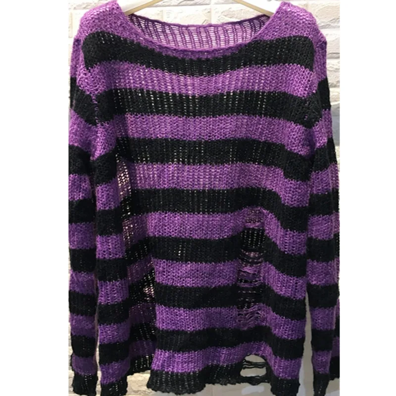 

2021 Spring Autumn New Women Fashion Long Sleeve Striped Loose Pullovers Hole Hollow Out Knitted Sweater Dress