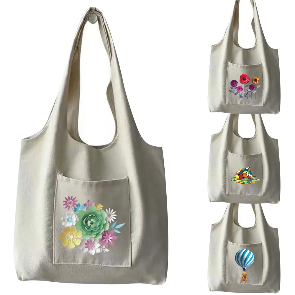 

Tote Bag Women Canvas Shoulder Bag Shopping Bags 3D Pattern Vest Bag Cotton Cloth Fabric Grocery Handbags Book Bag for Girls