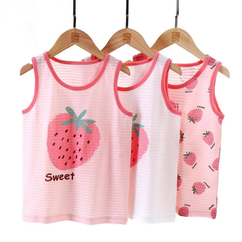 

Girls Sleeveless Top Summer Children Outerwear Girl Vests clothes Kids Tanks Girl Cotton Strawberry Vest t-shirts Cute