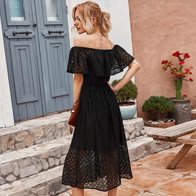 

2021 New Summer Lace Off The Shoulder Dress Women Casual Slash Neck Solid High Waist Mid-calf Dress