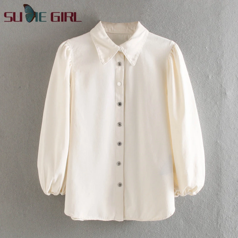 

SUDIE Girl Women's summer and autumn new lapel puff sleeve single breasted washed denim shirt